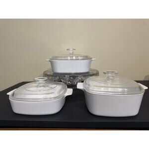 6pc Vintage Corningware All White A-2-B 2QT A-1.5-B 1.5QT A-1-B 1QT W/ Pyrex Lid